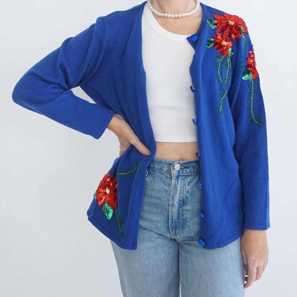 Vintage Quacker Factory Blue Knit Red Sequin Floral Button Cardigan Sweater M